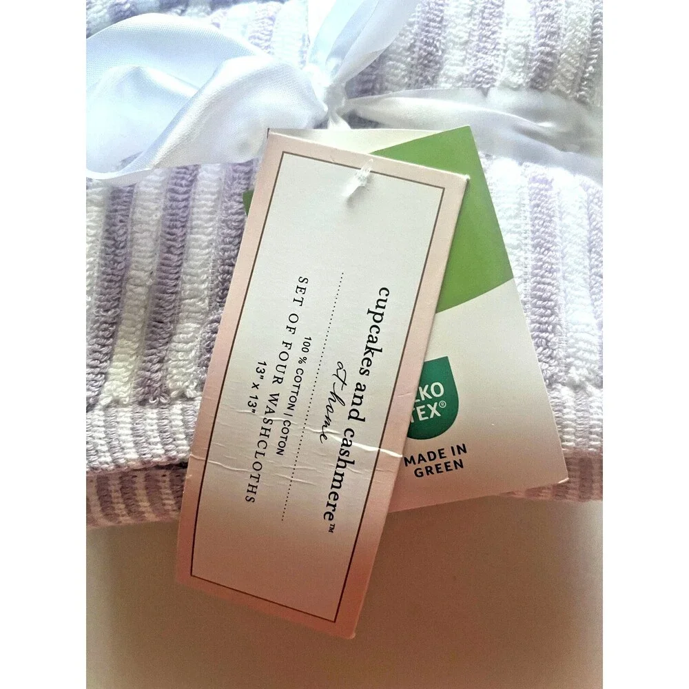 Cupcakes and Cashmere Washcloths Set of 4 Lavender Stripe Facecloths 100% Cotton